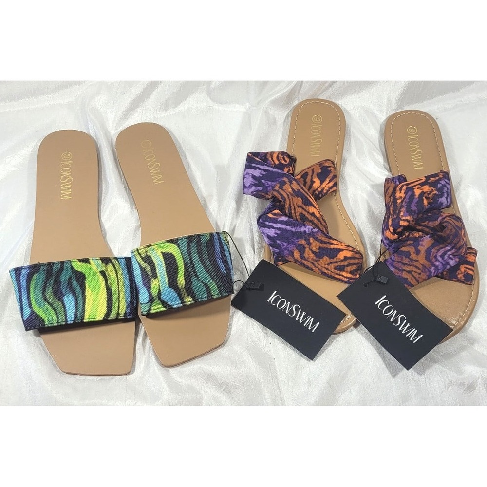 LOT: 2 Pairs Icon Swim Abstract‎ Zebra Print Pool Slide Sandals - Size 9.5